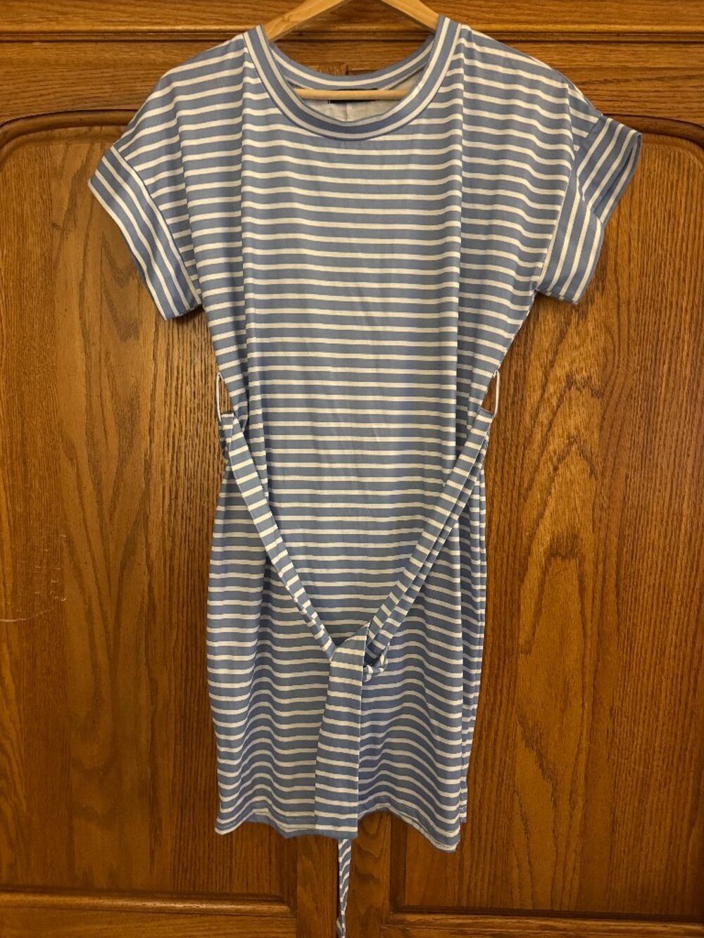 SHEIN Blue and White Striped Tie-Back T-Shirt Dress